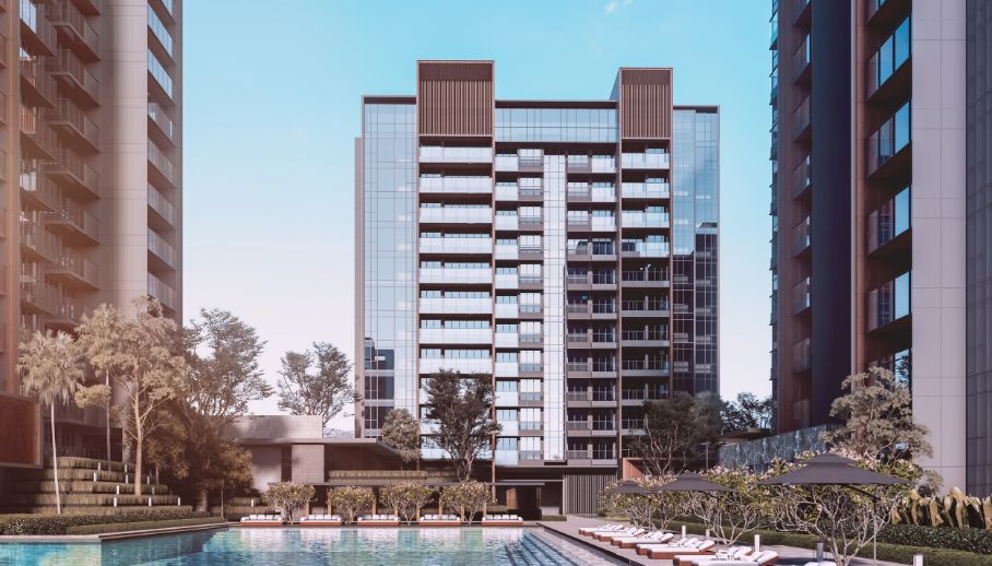 Project by MCL Land, featuring a modern condominium tower and a landscaped pool area