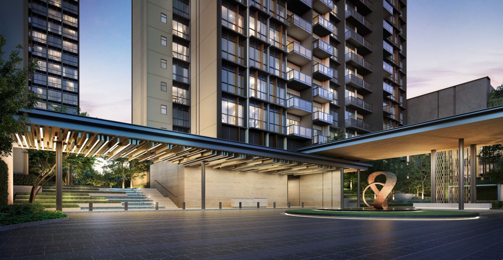 Tembusu Grand's elegant Arrival Courtyard with artistic sculpture