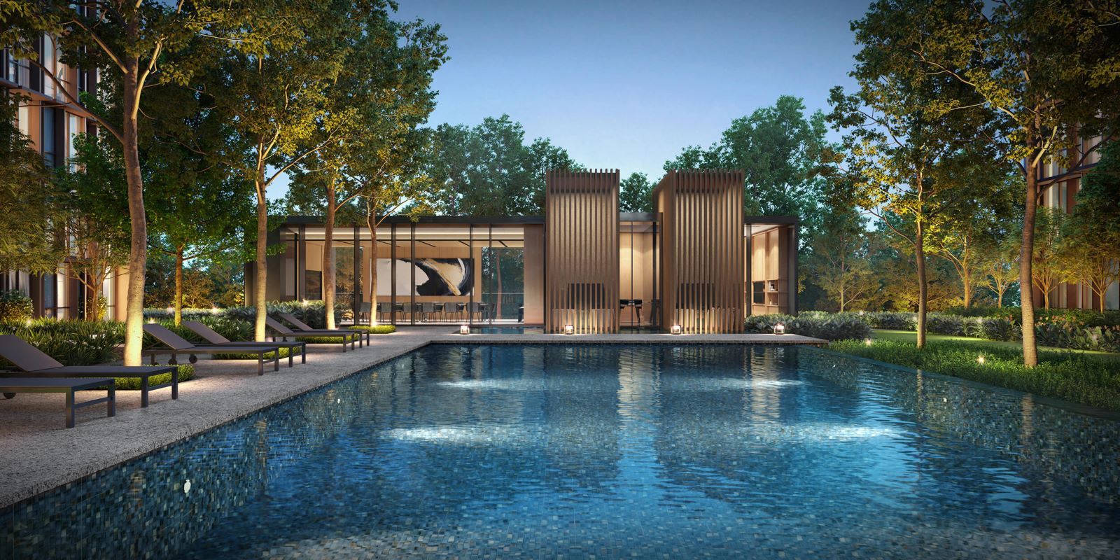 A view of the Infinity Pool and the Grand Club, featuring an entertainment room and a function room