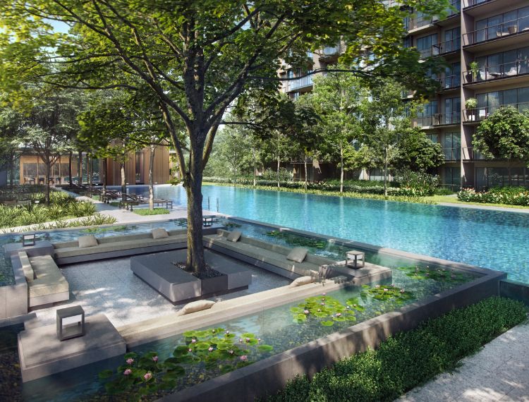 The Grand Club at Tembusu Grand, with lush greenery and modern lounge spaces